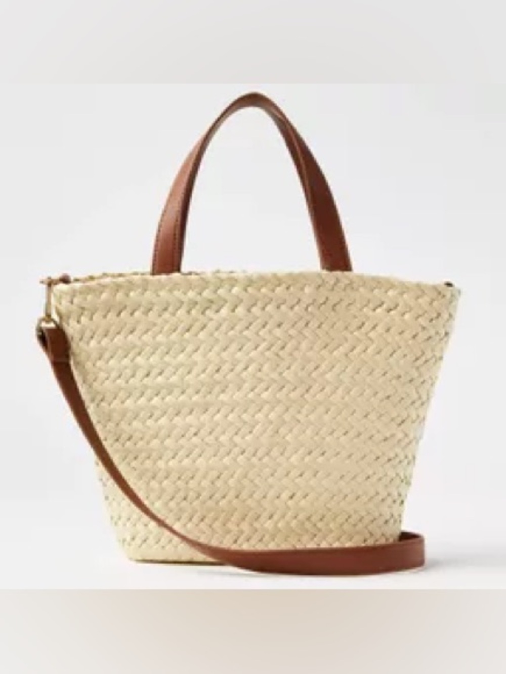 LOFT Cream Woven Crossbody Tote with Brown Leather Straps